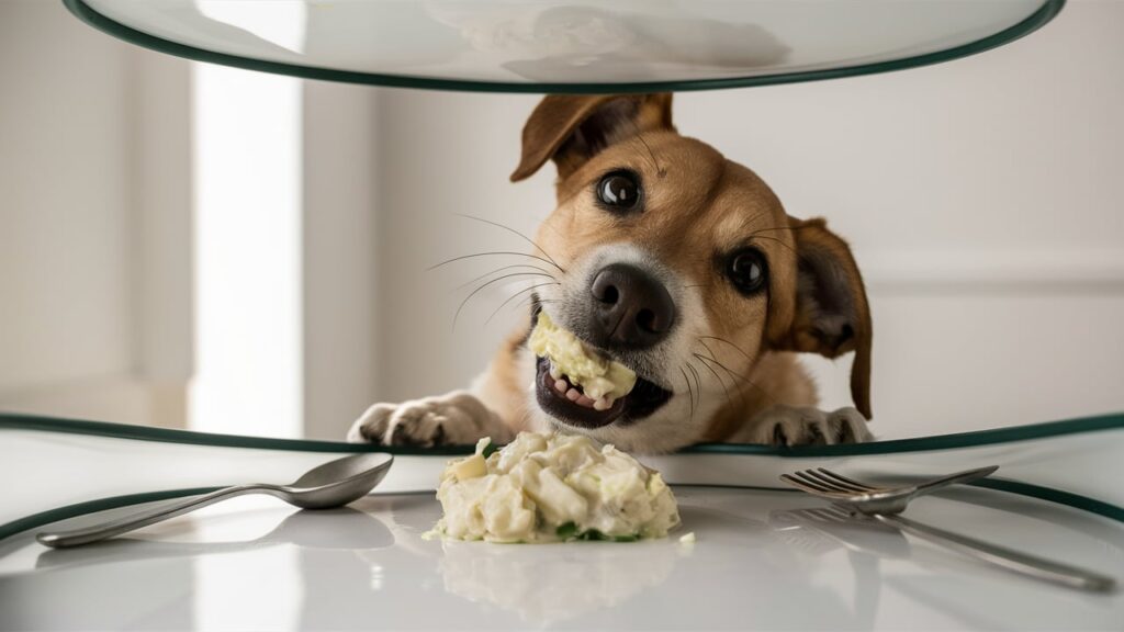 A dog happily eating from a plate, surrounded by forks and knives, showcasing the theme "Eat Potato Salad."