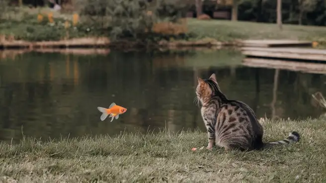 A cat on the grass gazes intently at a fish, illustrating alternatives to feeding goldfish to cats.