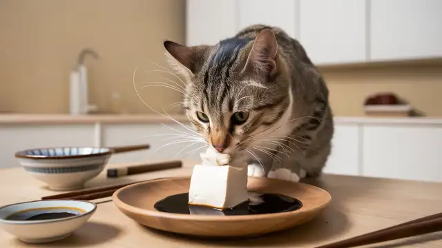 A cat enjoying a piece of tofu on a plate, illustrating what cats may require in their diet for variety and nutrition.
