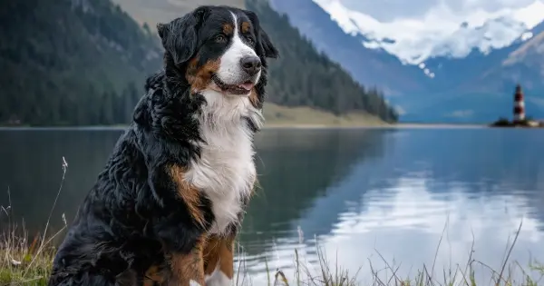 A Bernese Mountain Dog sitting on the grass by a serene lake, showcasing its gentle and friendly characteristics.