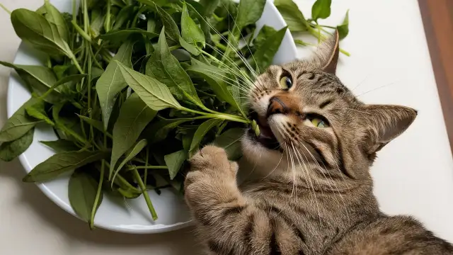 A cat enjoying leaves from a plate, highlighting the appeal of catnip for cats in its natural form.