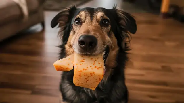 A dog happily holds a cheese stick in its mouth, showcasing its love for Colby Jack Cheese.