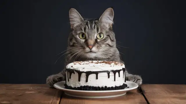 A cat perched on a plate, curiously eyeing a cake, raising the question: "Calories Harm Cats?