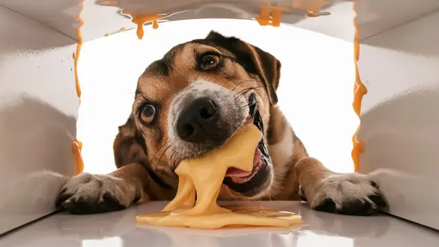 A dog happily eating cheese from a box, illustrating the delightful interaction between cheese and dogs: A General Perspective.