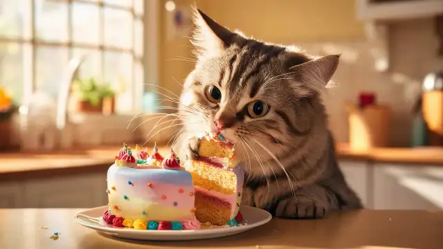 A cat enjoying a birthday cake, showcasing the joy of celebrating with homemade cat treat recipes.