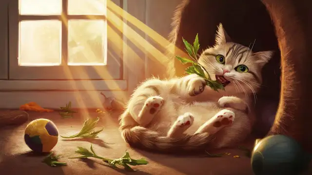 A cat is eating a leaf in front of a window, illustrating the curiosity of cats eating catnip leaves.