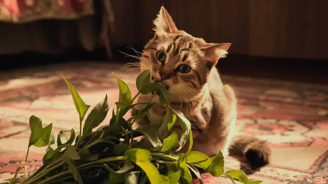 A cat munches on leaves scattered on the floor, illustrating one of the Don’ts of Catnip.