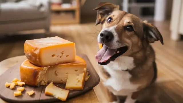 A dog gazes intently at a plate of cheese, illustrating the dilemma of what to do if your dog eats too much cheese.