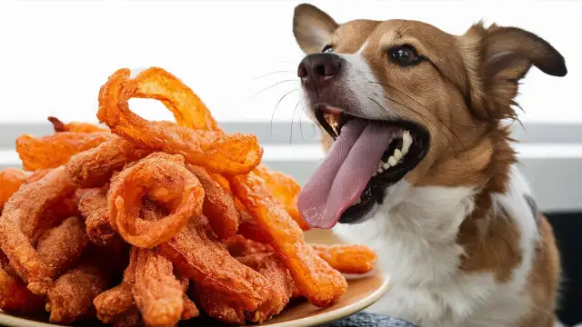 A dog gazes intently at a plate of fried food, illustrating the concept of Accidental Consumption in pets.