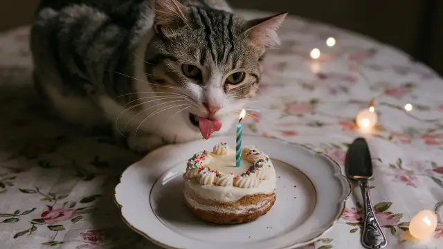 A cat licking its tongue around a cake with candles, illustrating a scenario that is bad for cats.