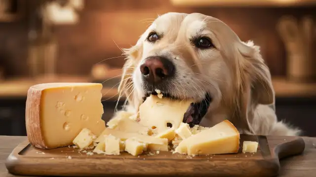 A dog enjoying cheese on a cutting board, illustrating the relationship between food and digestive systems in pets.