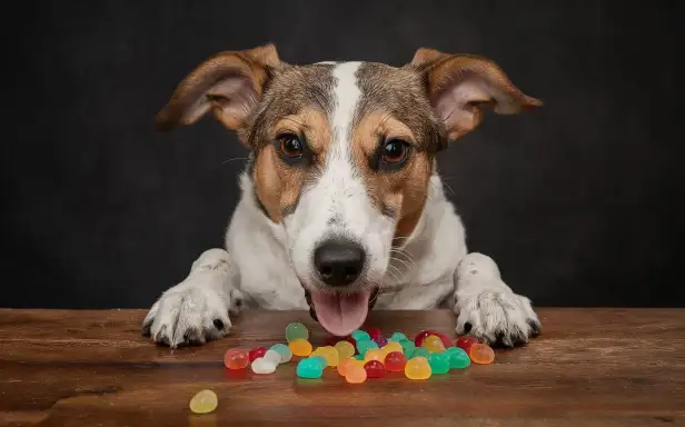 A dog sits on a table beside a bowl of gummy bears, raising the question: Can Dogs Eat Gummies? Nutrition and Digestibility.
