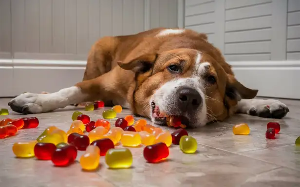 A dog resting on the floor surrounded by gummy bears, illustrating the importance of knowing how to treat gummy poisoning in dogs.
