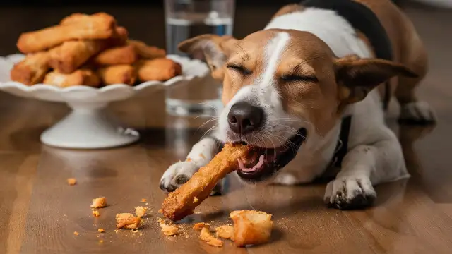 A dog enjoying a piece of food on the floor, highlighting the nutritional impact of proper pet feeding habits.