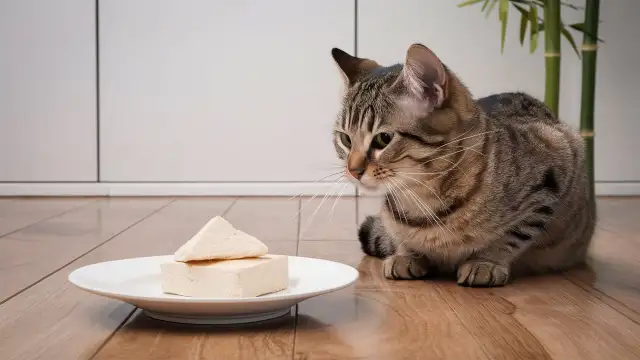 A cat sits on the floor beside a plate of cheese, illustrating the concept of Tofu to Cats in a playful setting.