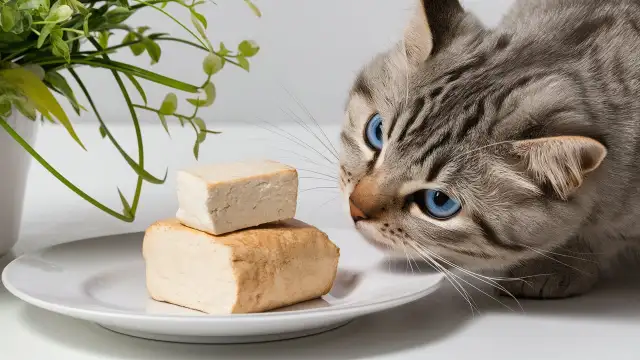 A curious cat sniffs a piece of cheese on a plate, exploring new flavors to add to Tofu to Your Cat’s Diet.