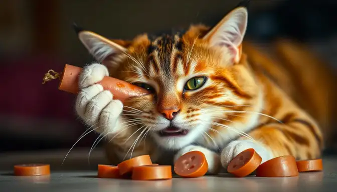 A cat enjoying a hot dog, showcasing the unique aspects of The Feline Digestive System in action.