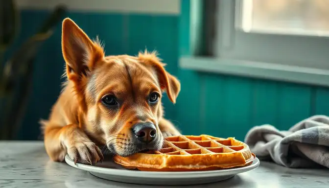 A dog happily eating a waffle from a plate, illustrating the concept of Adverse Reactions in pets and their food choices.