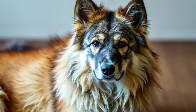 A long-haired dog sits on the floor, exemplifying the qualities of Central Asian Shepherds as good watchdogs.