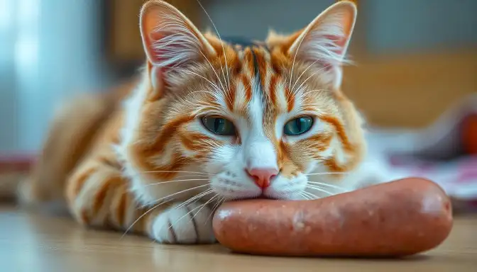 A cat playfully chewing on a sausage, showcasing the joy of feeding Vienna sausages to pets.
