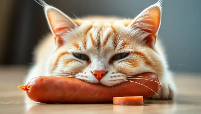 A cat playfully chewing on a hot dog, showcasing its curiosity and interest in unconventional cat food.