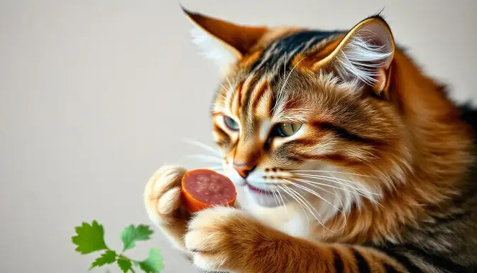 A cat enjoying a piece of meat on a plate, showcasing healthy cat treats in a delightful dining moment.