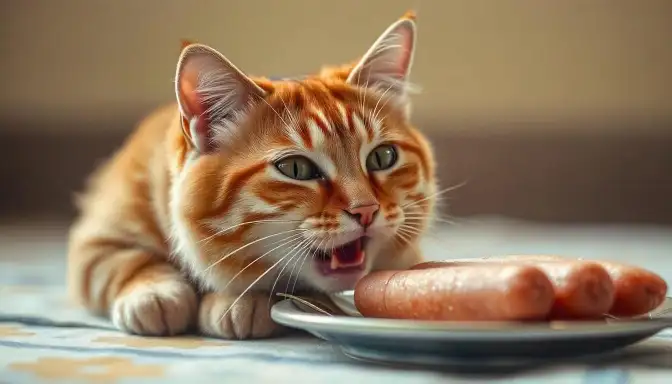 A cat enjoying a hot dog on a plate, illustrating a humorous case of accidental ingestion.