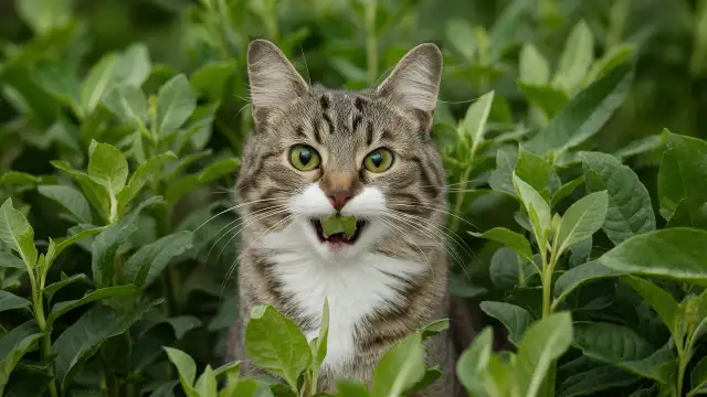 A cat sits among lush green plants, illustrating the concept of Understanding Catnip Sensitivity in feline behavior.