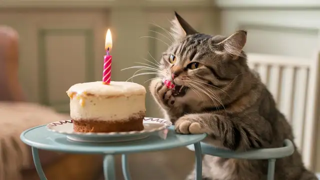 A cat sitting on a chair beside a cake, showcasing the playful nature of cats in a cozy setting.