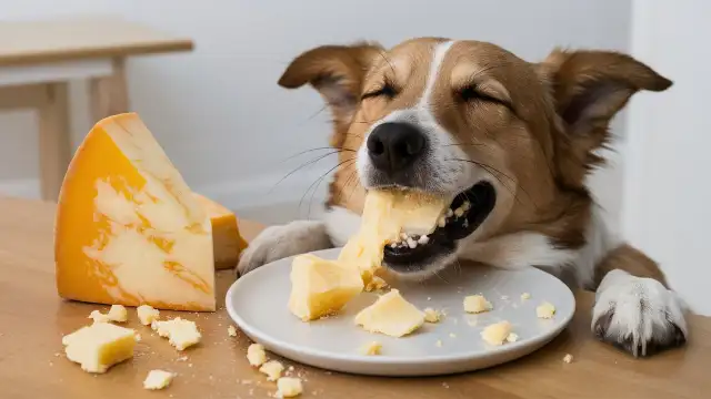 A dog enjoying cheese on a plate, highlighting the potential risks of cheese and intolerance in dogs.